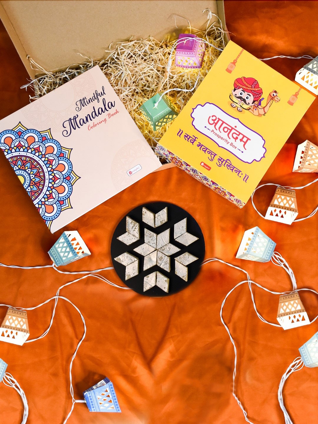 

Indigifts DIY Light with Mini Kaju Katli Bite Diwali Set, Orange