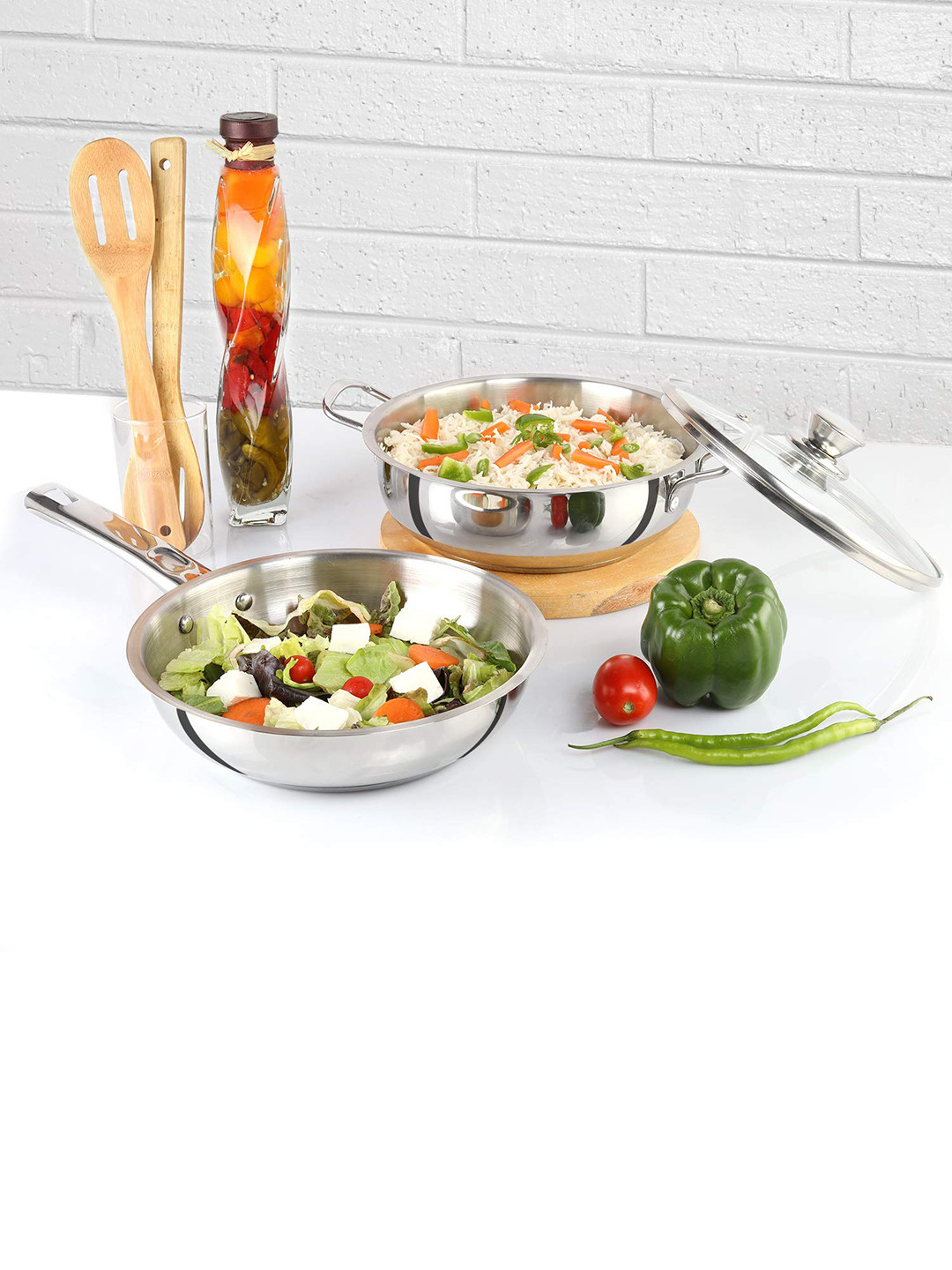 

Cello 3 Pcs Silver Toned Steelox Induction Stainless Steel Fry Pan & Kadai With Glass Lid