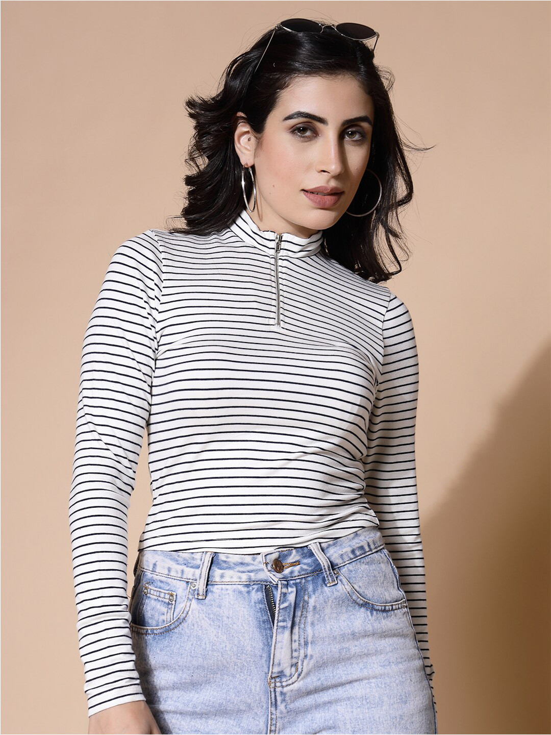 

Strong And Brave Horizontal Stripes High Neck Cotton Top, Off white