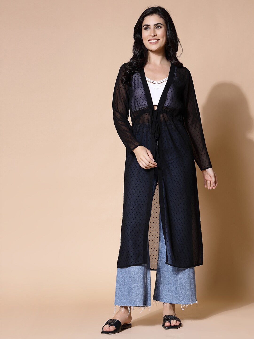 

Strong And Brave Self Design Longline Open Front Shrug, Black