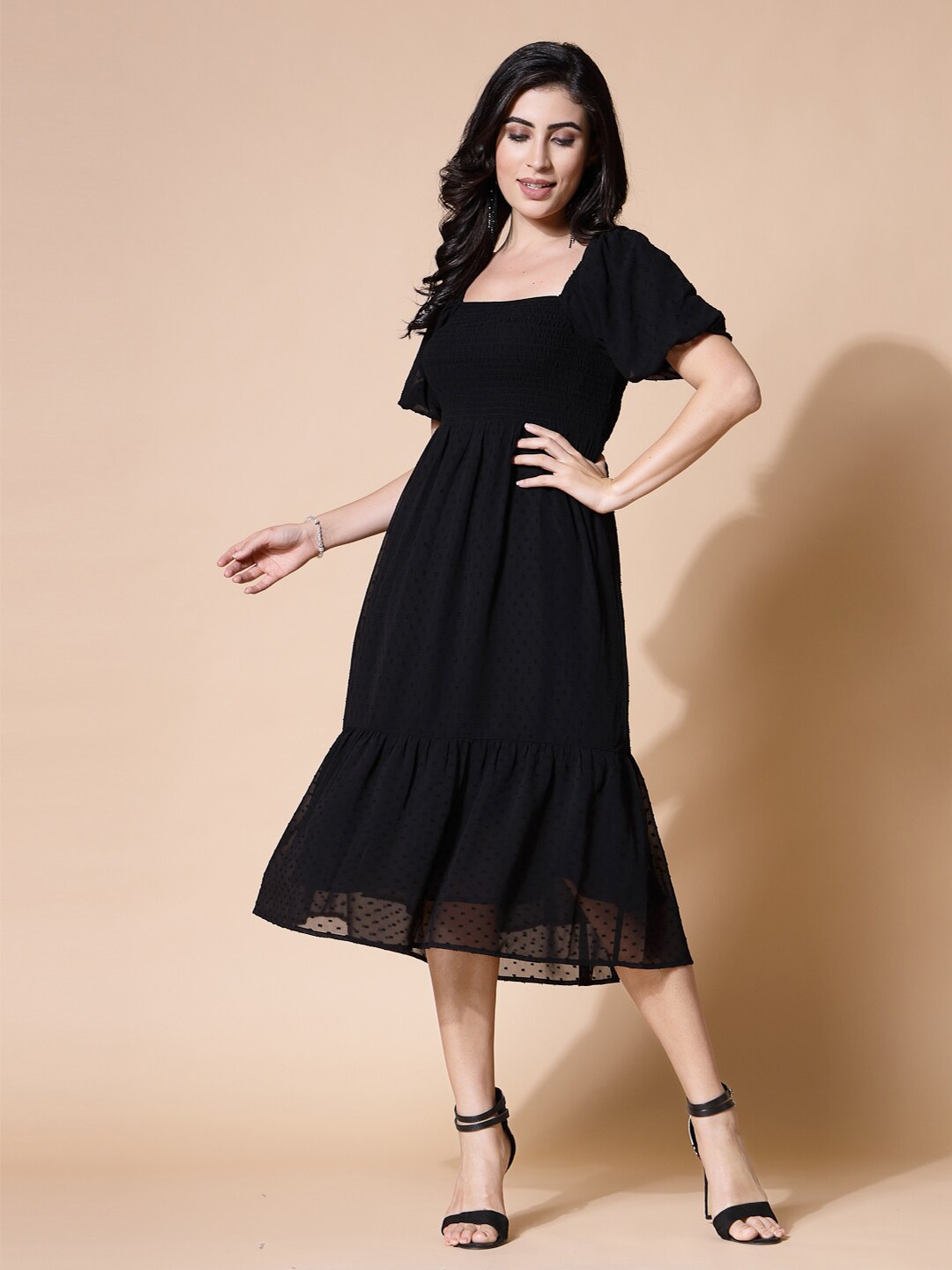 

Strong And Brave Self Design Square Neck Puff Sleeve Fit & flare Midi Dress, Black
