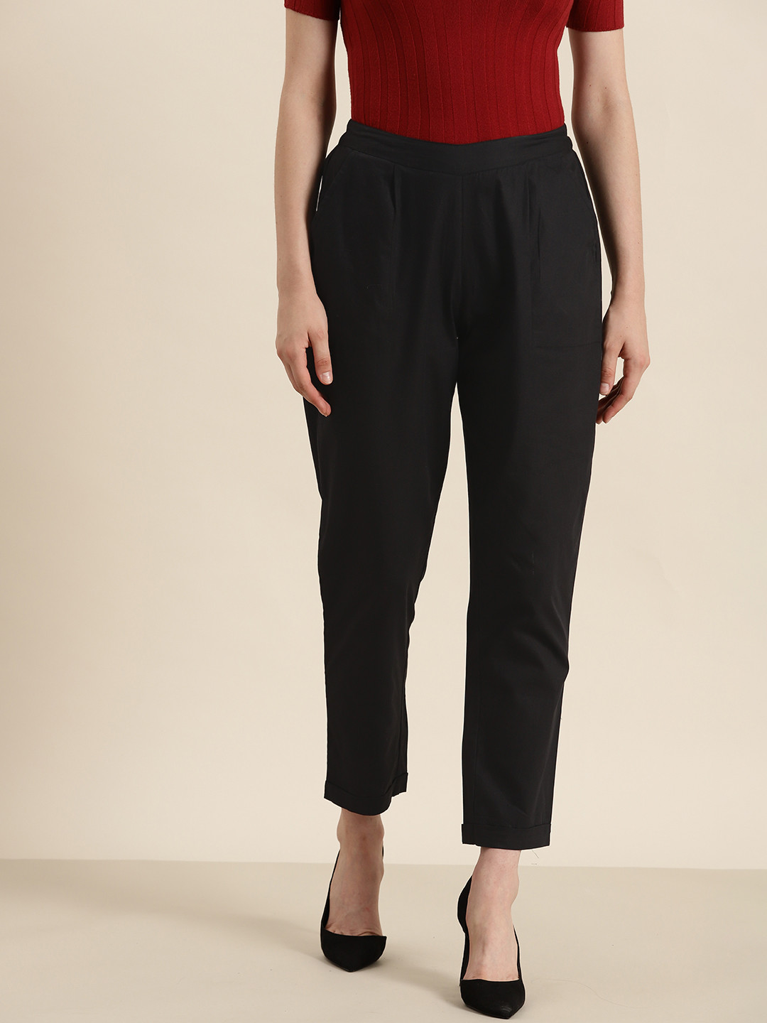 

MBeautiful Women Organic Cotton Smart Lint Free Pleated Formal Trousers, Black