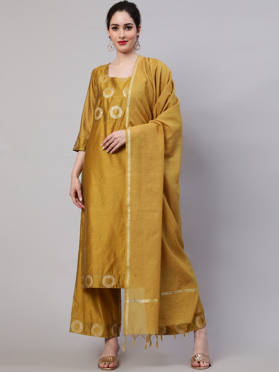 

AKS Couture Woven Design Chanderi Silk Kurta With Palazzos & Dupatta, Mustard