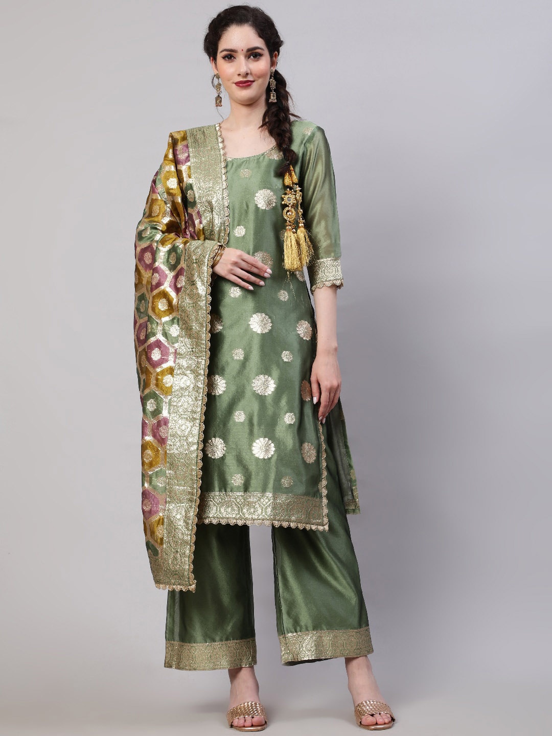 

AKS Couture Floral Woven Design Chanderi Silk Kurta With Palazzos & Dupatta, Olive
