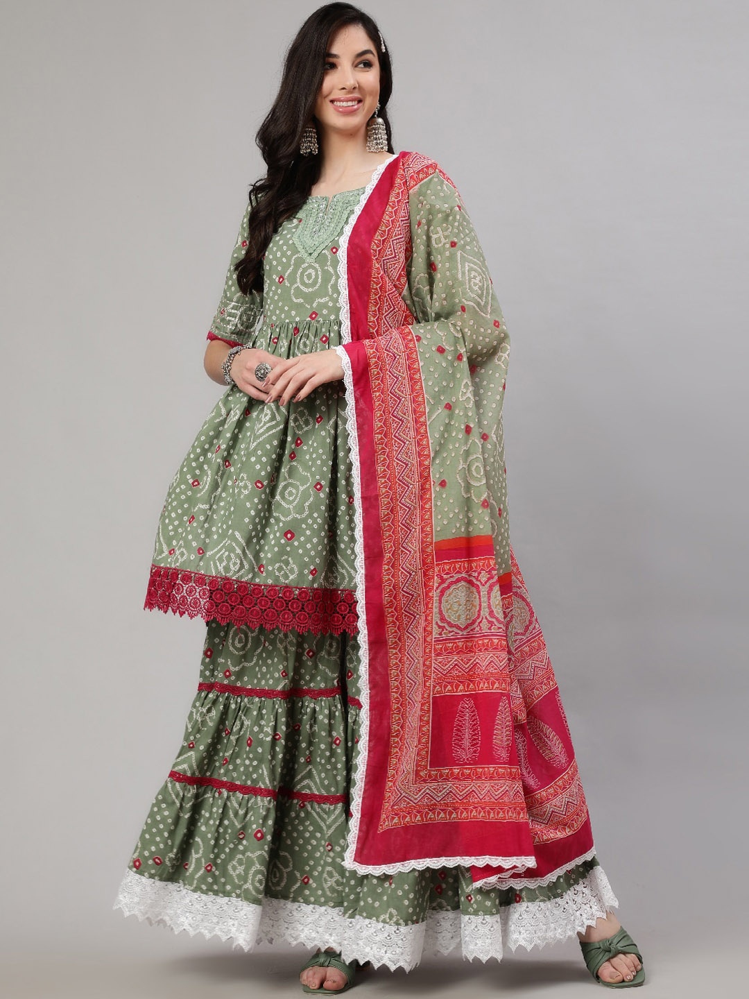 

AKS Couture Bandhani Printed Empire Pure Cotton Kurta With Sharara & Dupatta, Green