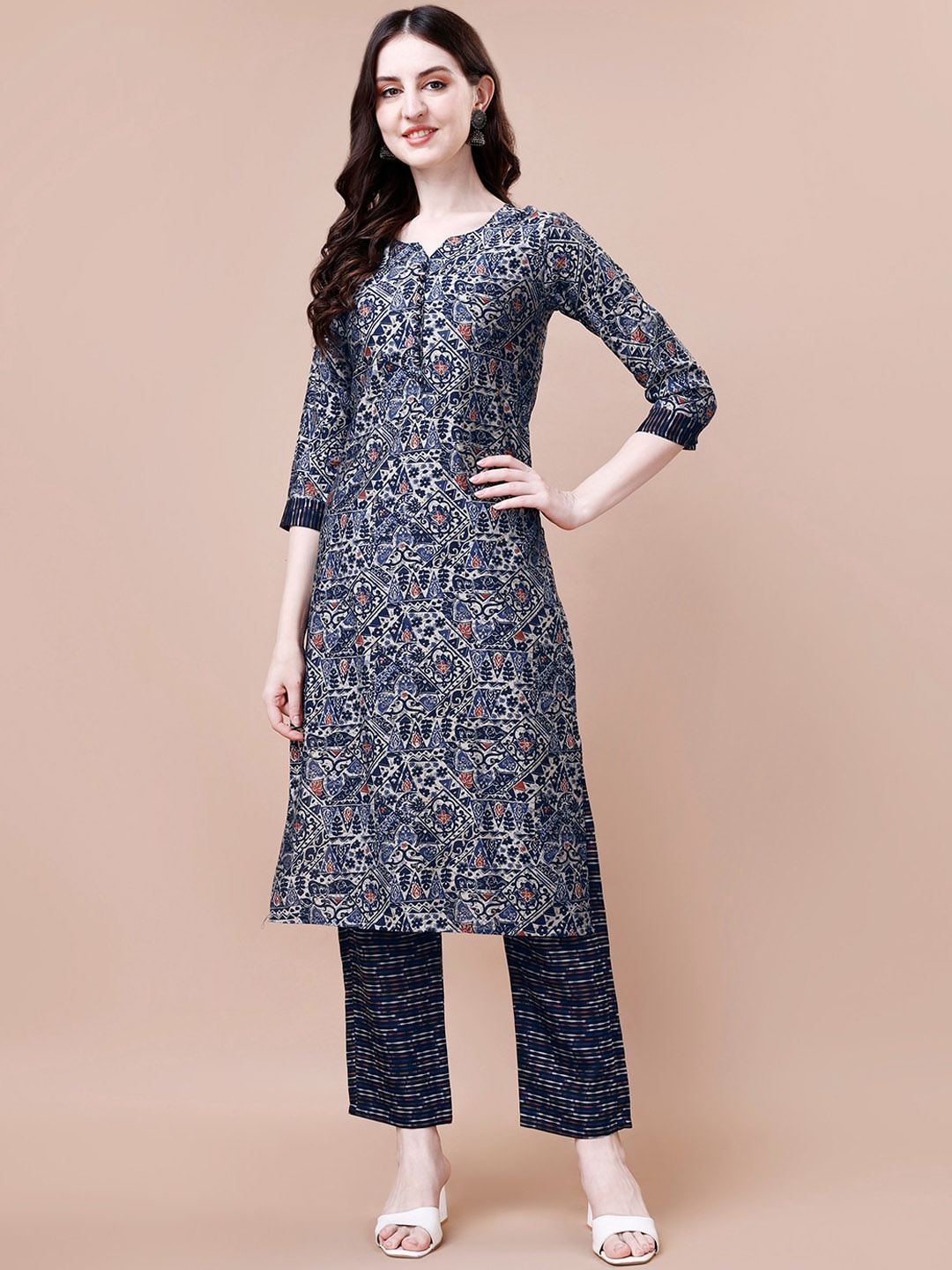 

Pratham Blue Ethnic Motifs Printed Notched Neck Chanderi Silk Kurta With Trousers