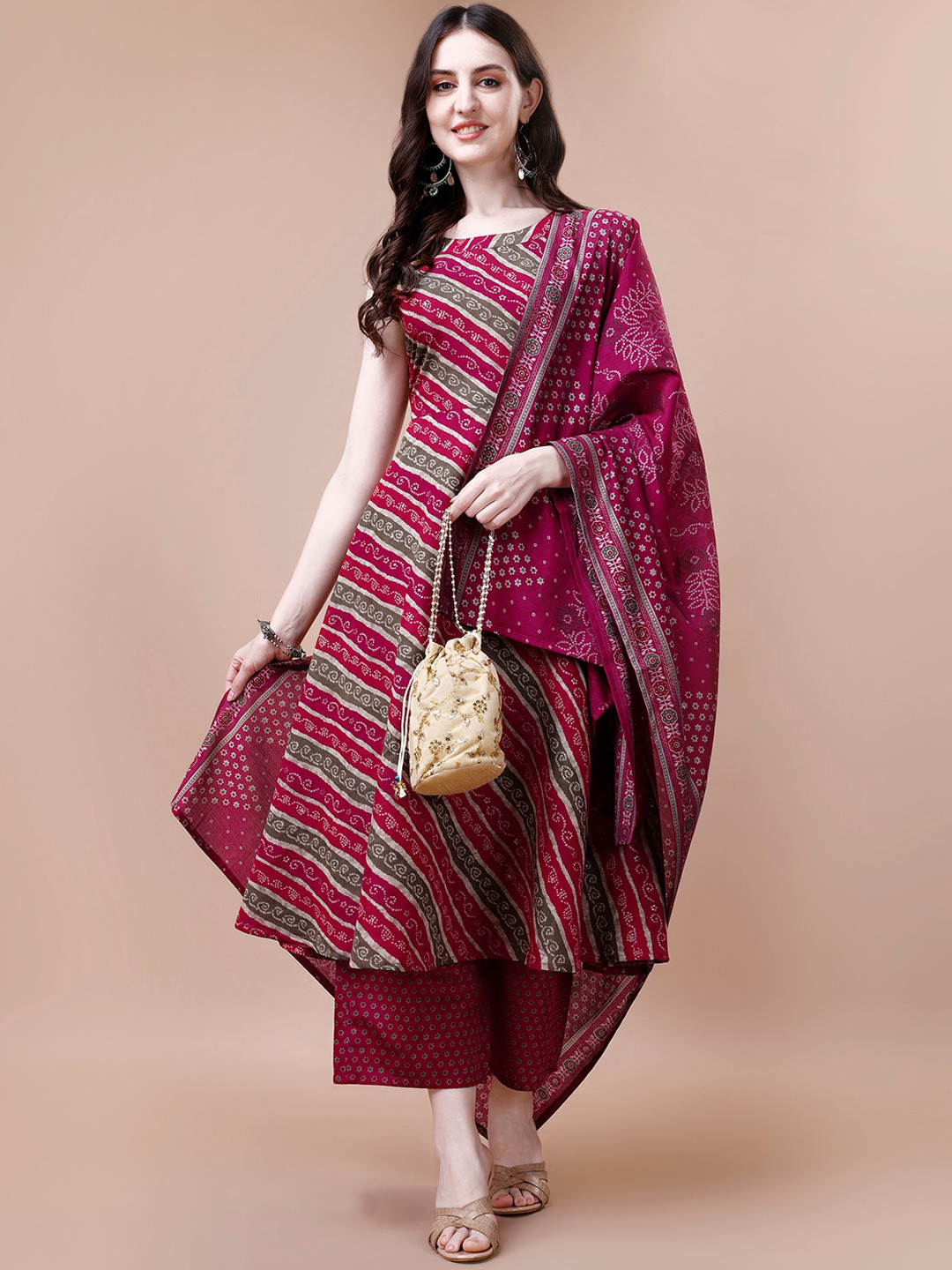 

Pratham Leheriya Printed Sleeveless Chanderi Silk Kurta With Palazzos & Dupatta, Red