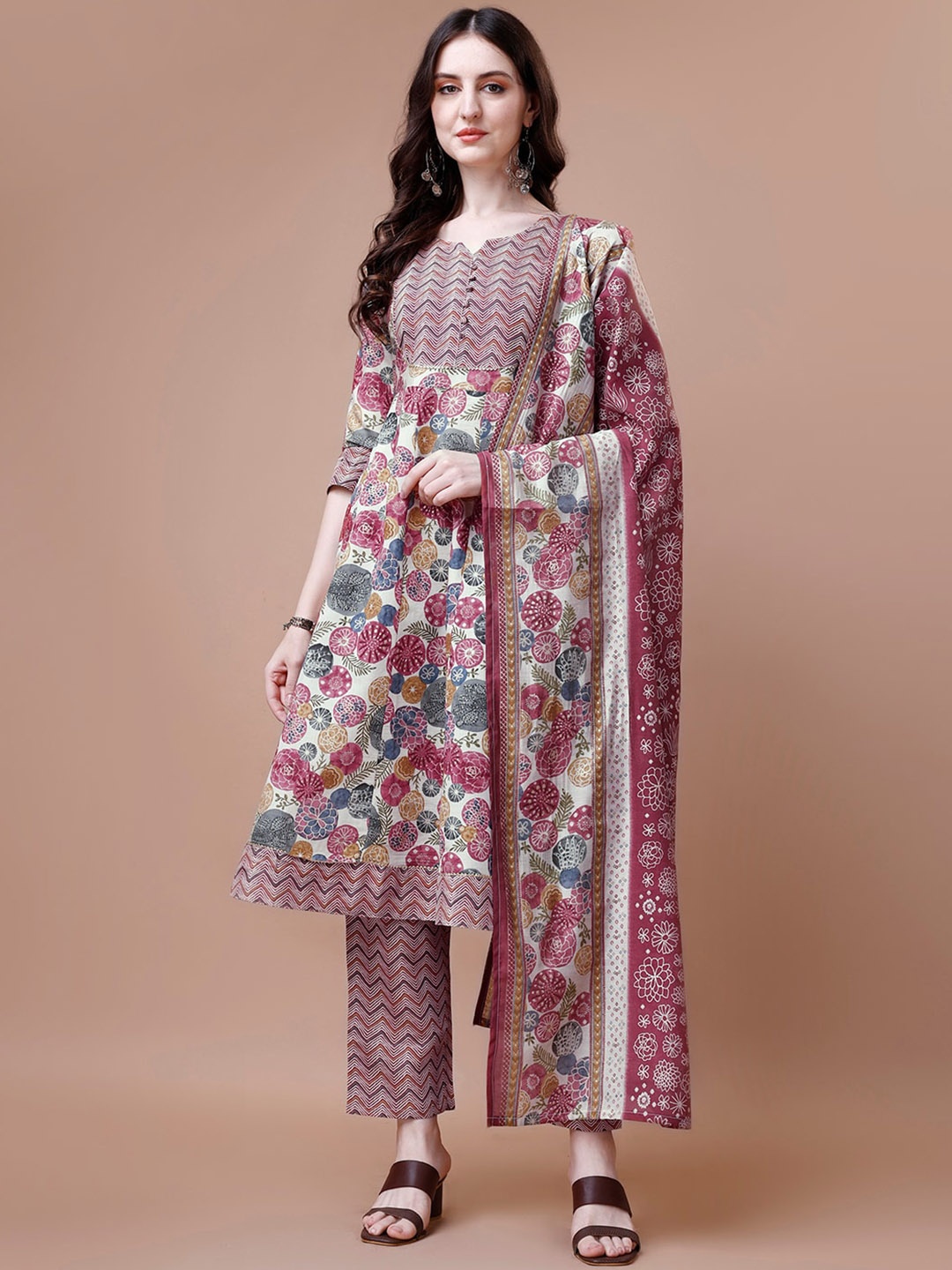 

Pratham Blue Floral Printed Chanderi Silk A-Line Kurta With Trousers & Dupatta, White
