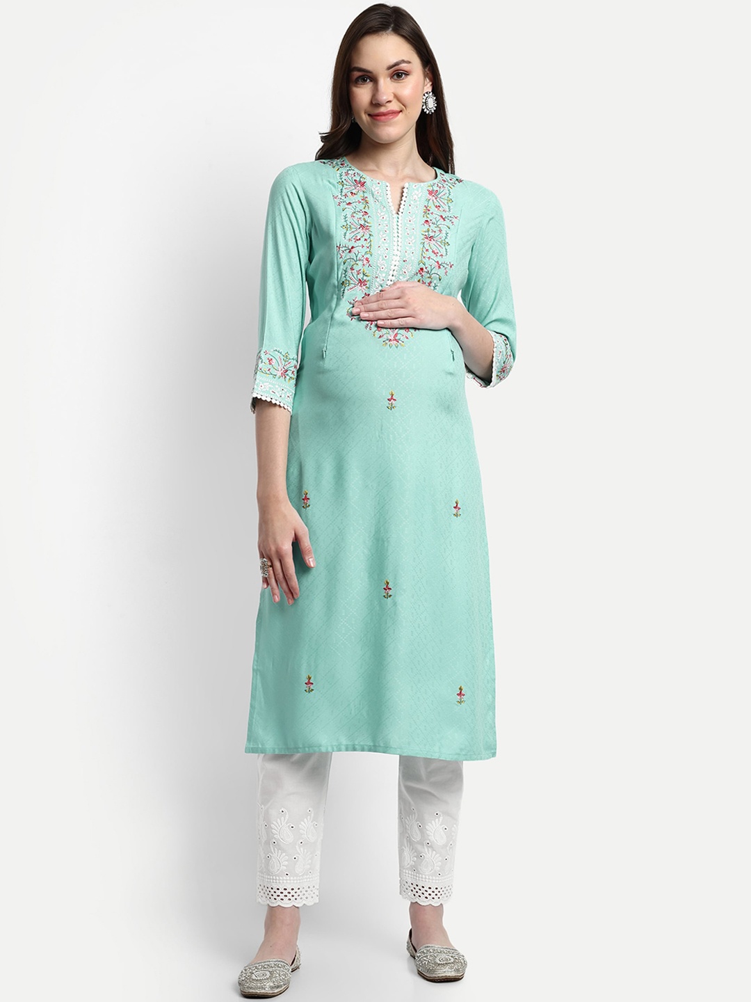 

mumzhug Ethnic Motifs Embroidered Notched Neck Maternity & Feeding Kurta With Palazzos, Blue