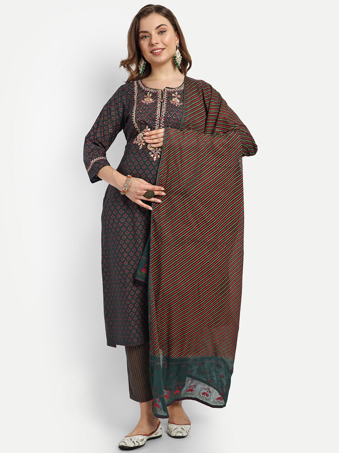

mumzhug Ethnic Motifs Printed Cotton Maternity & Feeding Kurta With Palazzos & Dupatta, Green