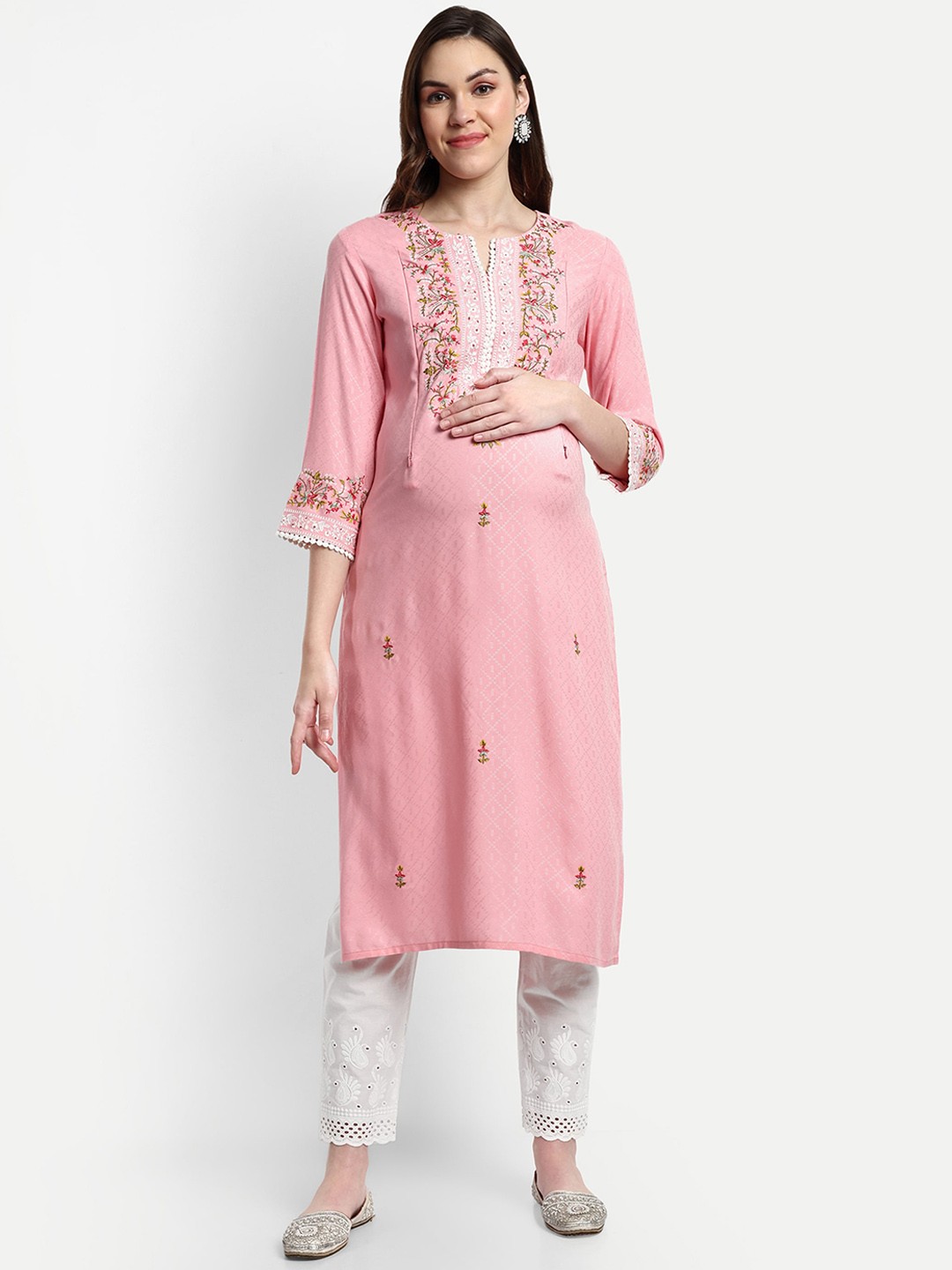 

mumzhug Maternity Ethnic Motifs Embroidered Sequined Kurta with Trousers, Pink