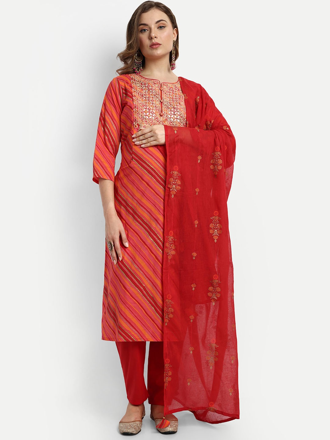 

mumzhug Leheriya Printed Thread Work Pure Cotton Maternity Kurta With Trousers & Dupatta, Red