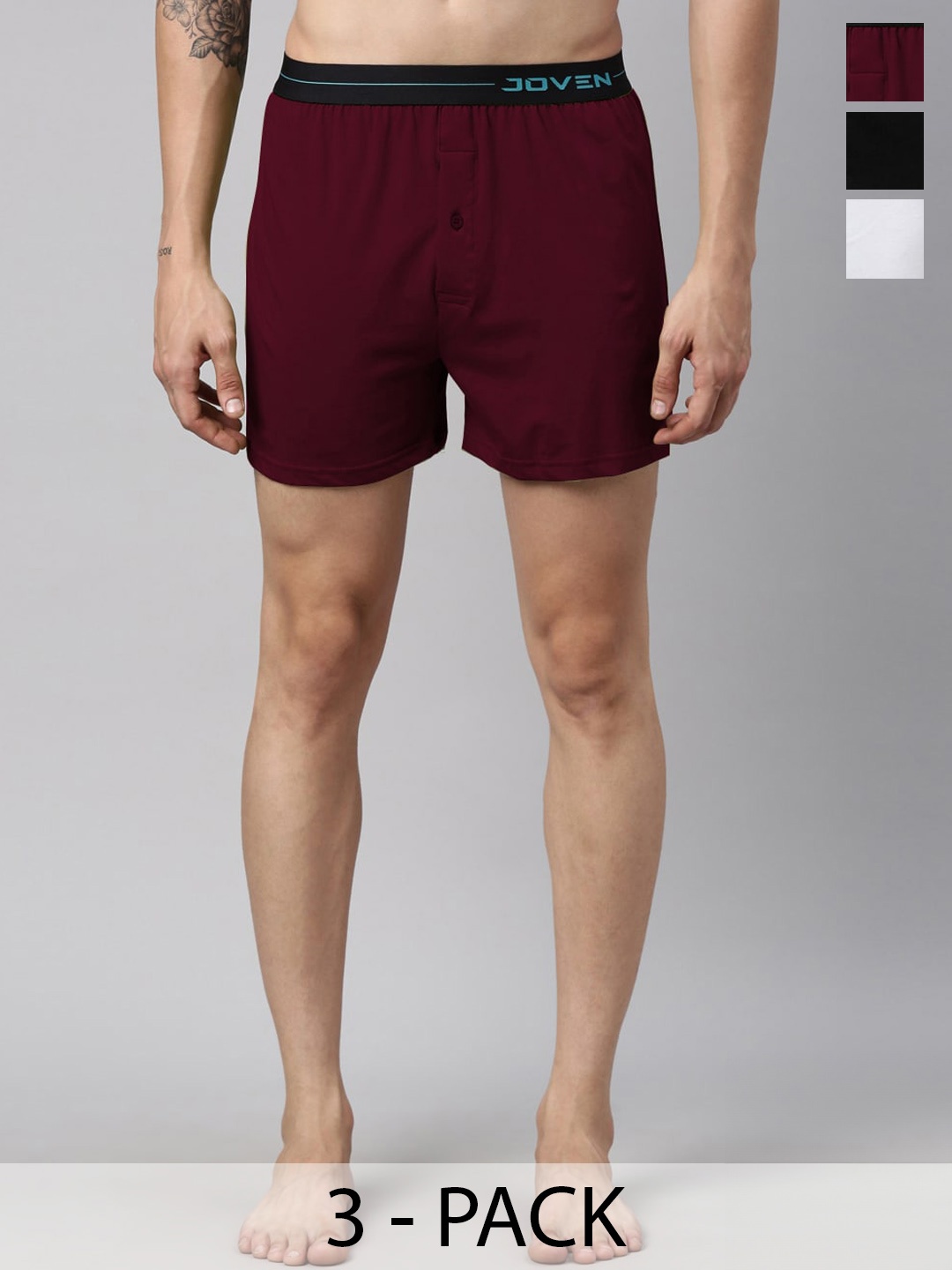 

Joven Pack Of 3 Pure Cotton Boxers JB3KS-BLWHBR, Maroon