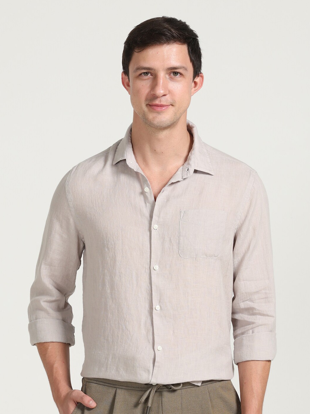 

POE Spread Collar Smart Slim Fit Opaque Casual Shirt, Grey