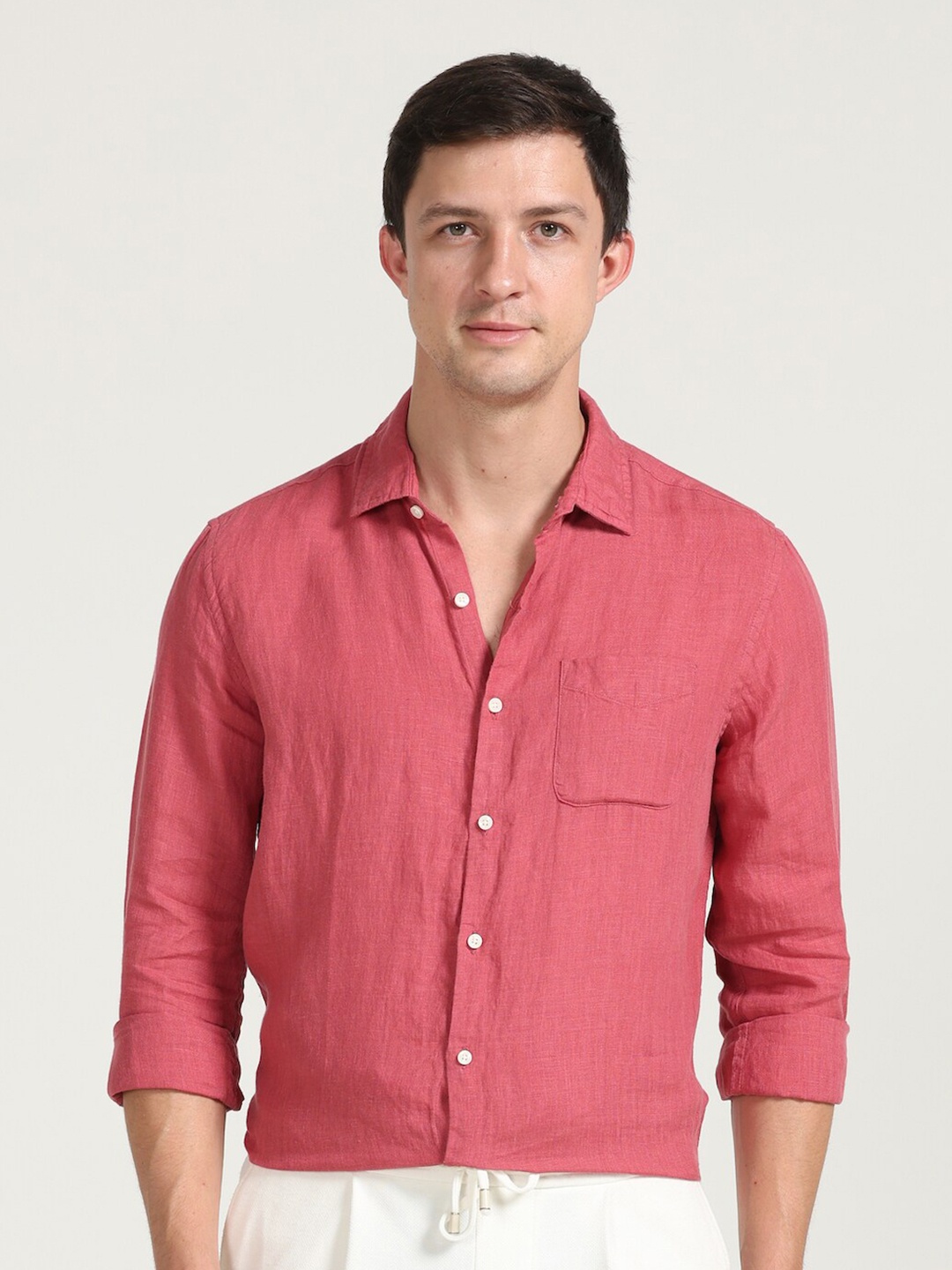 

POE Spread Collar Smart Slim Fit Opaque Casual Shirt, Red