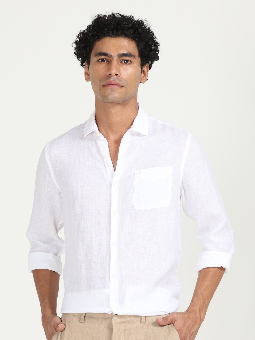 

POE Spread Collar Smart Slim Fit Opaque Casual Shirt, White