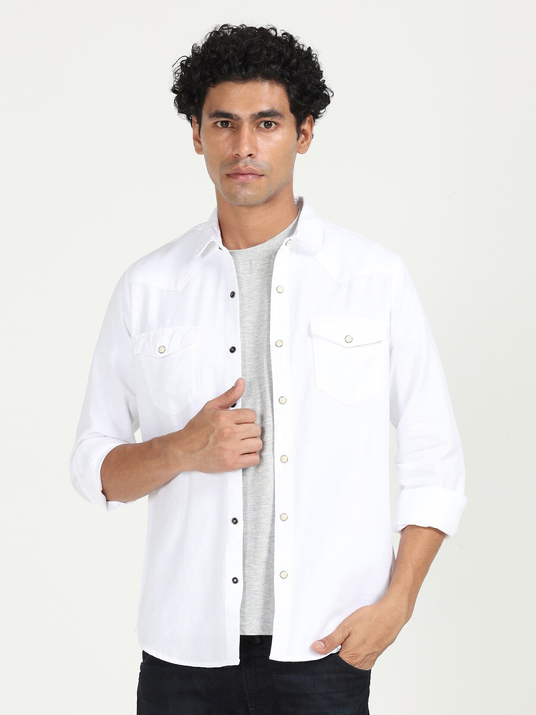 

POE Spread Collar Smart Slim Fit Opaque Cotton Casual Shirt, White