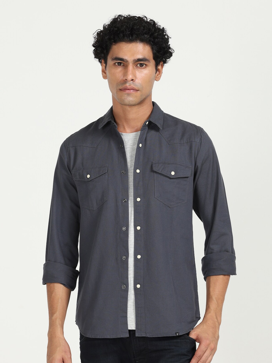 

POE Spread Collar Smart Slim Fit Opaque Cotton Casual Shirt, Grey
