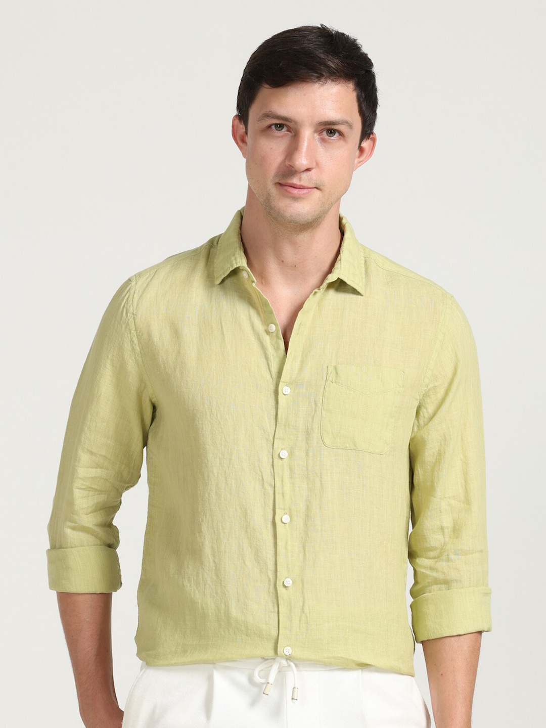 

POE Spread Collar Smart Slim Fit Opaque Casual Shirt, Lime green