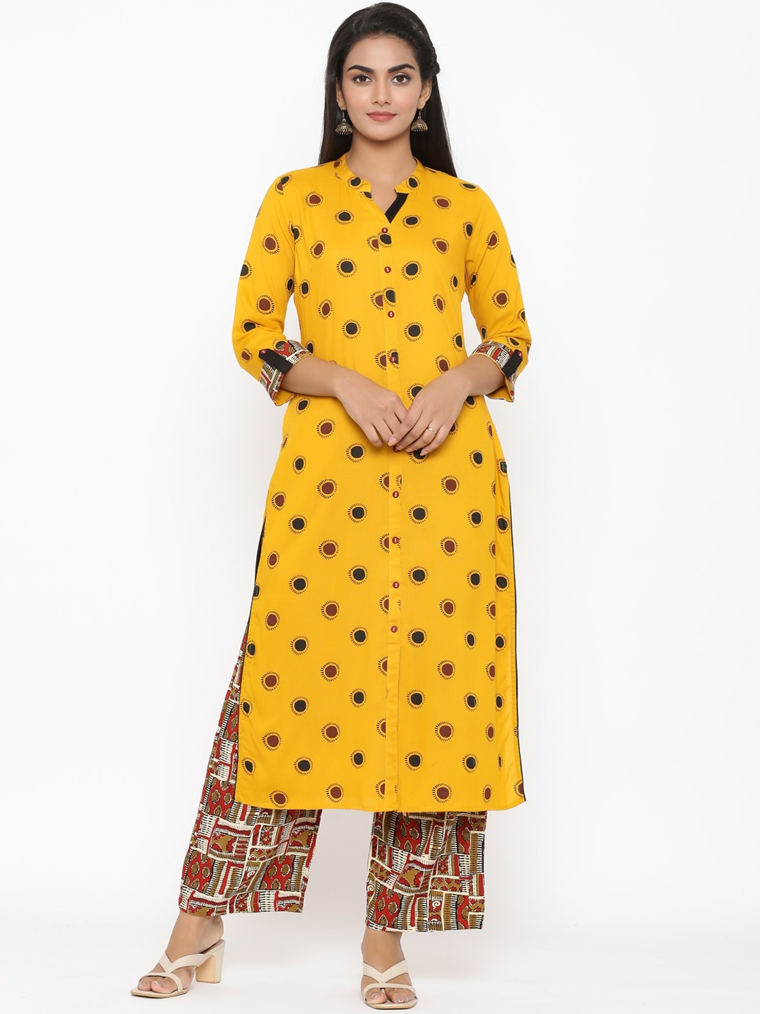 

RANGMAYEE Geometric Printed Regular Liva Kurta with Palazzos, Mustard