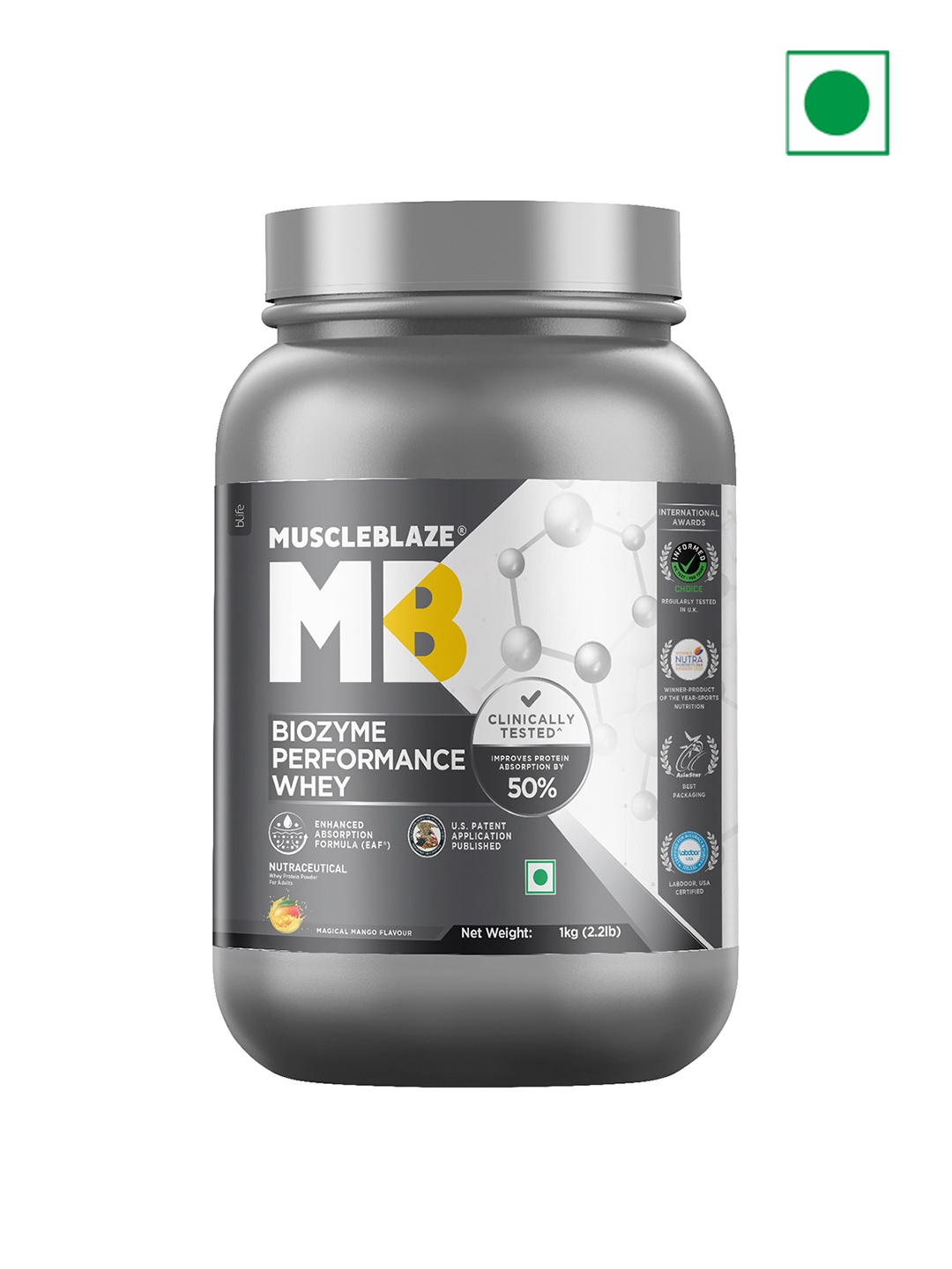 

MuscleBlaze Biozyme Performance Whey Protein-1kg, Yellow