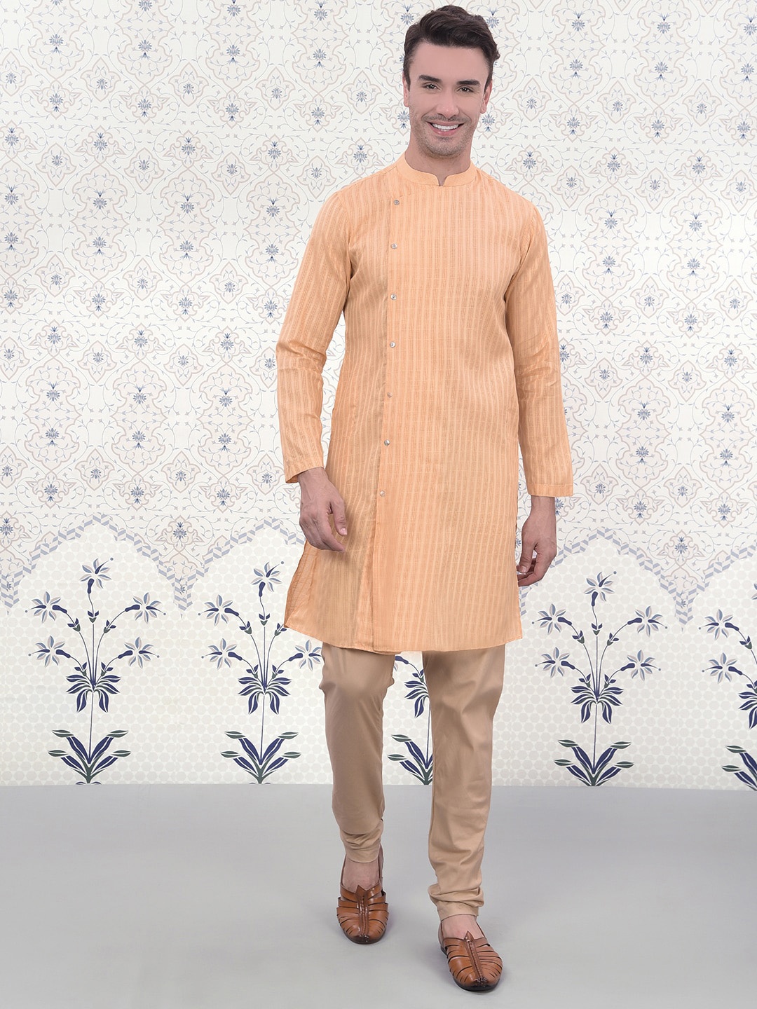 

Ode by House of Pataudi Striped Jacquard Angrakha Kurta with Churidar, Orange