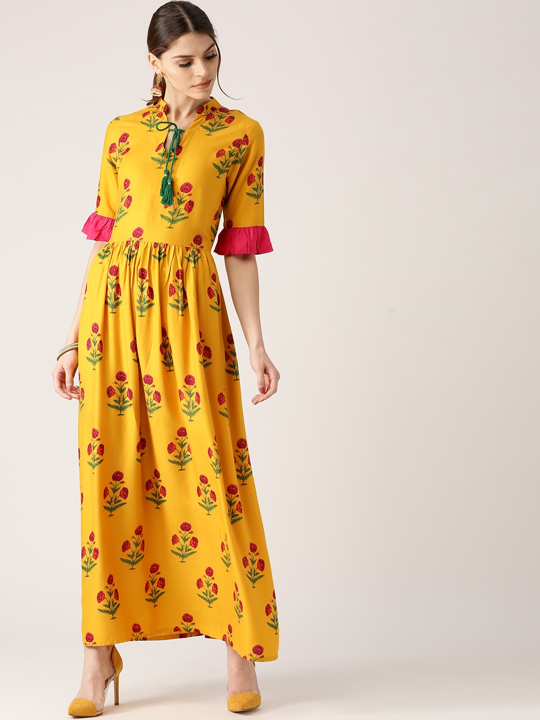 

Libas Women Mustard Yellow & Magenta Printed Anarkali Kurta