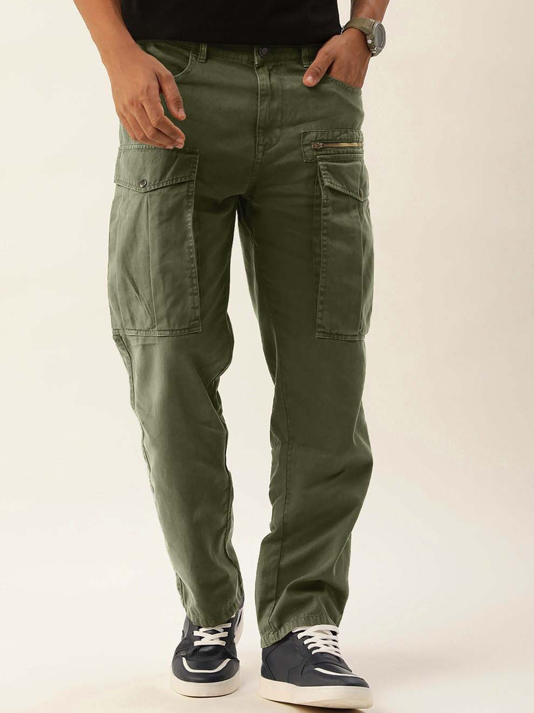 

Bene Kleed Men Relaxed Mid-Rise Plain Pure Cotton Cargos, Olive