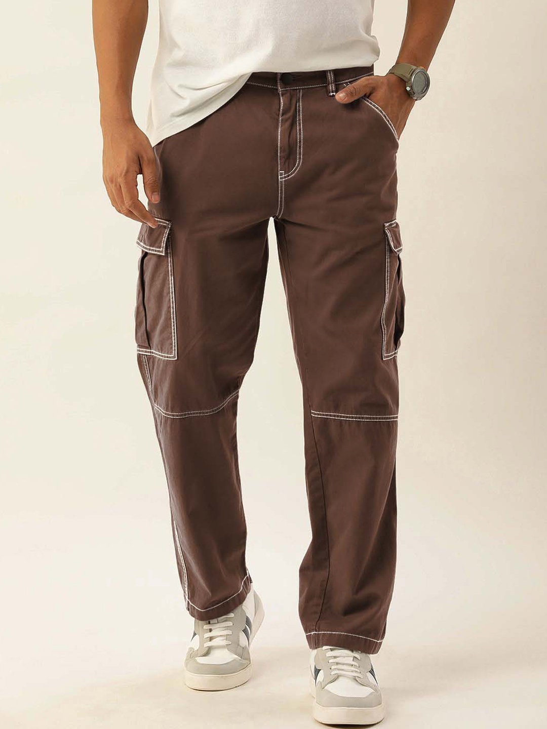 

Bene Kleed Men Cotton Relaxed Fit Cargos with Contrast Stitch, Brown