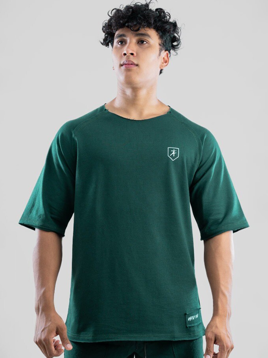 

Athflex Round Neck Raglan Sleeves Raw Edge Cotton Longline Oversized T-shirt, Green