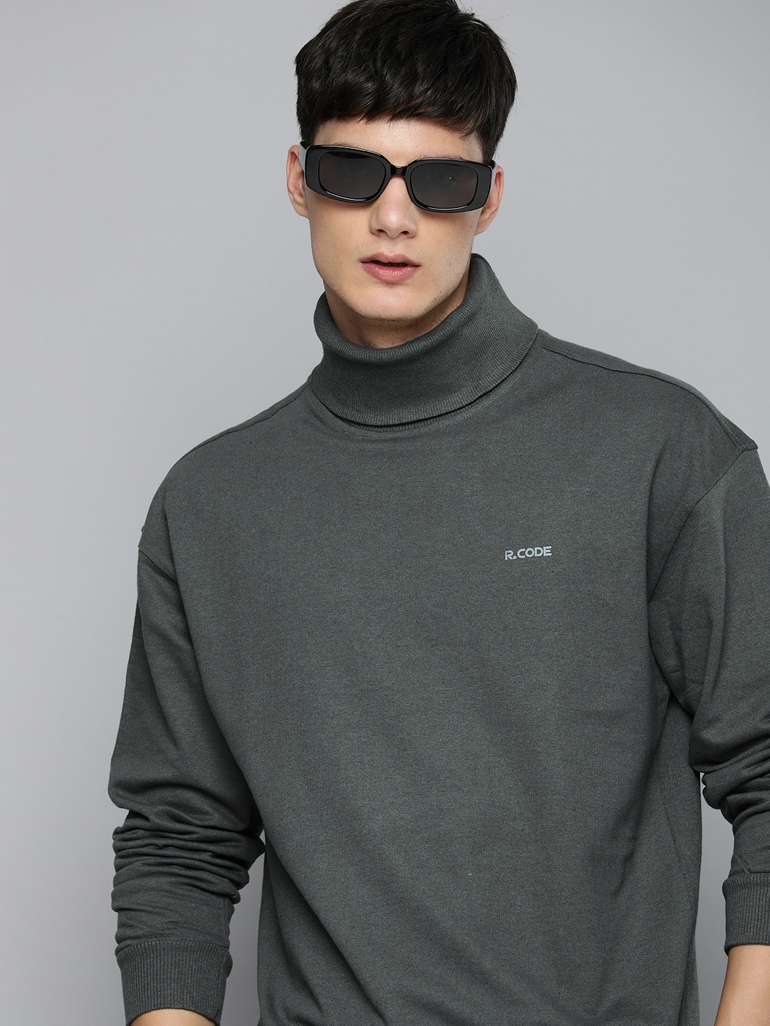 

R.Code by The Roadster Life Co. Men Turtle Neck Oversized Sweatshirt, Grey