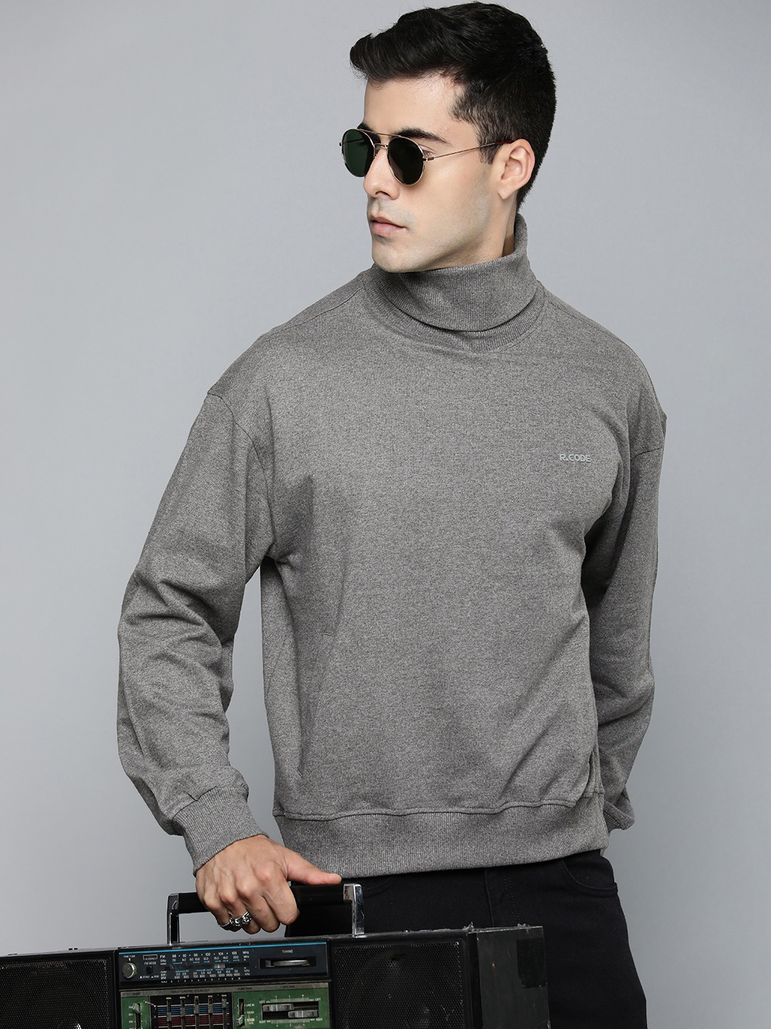 

R.Code by The Roadster Life Co. Men Turtle Neck Sweatshirt, Grey melange