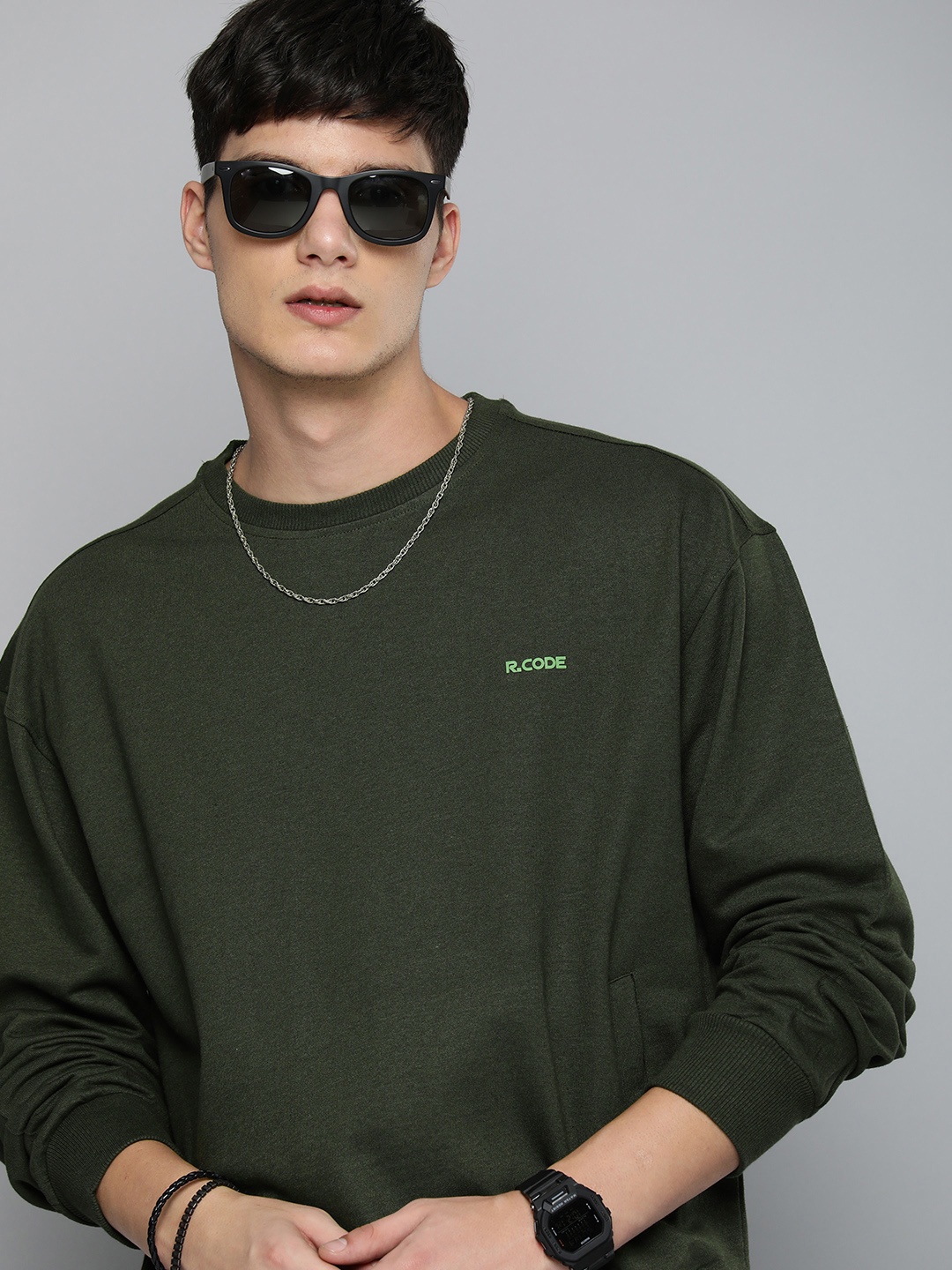 R.Code by The Roadster Life Co. Men Oversized Sweatshirt, Olive
