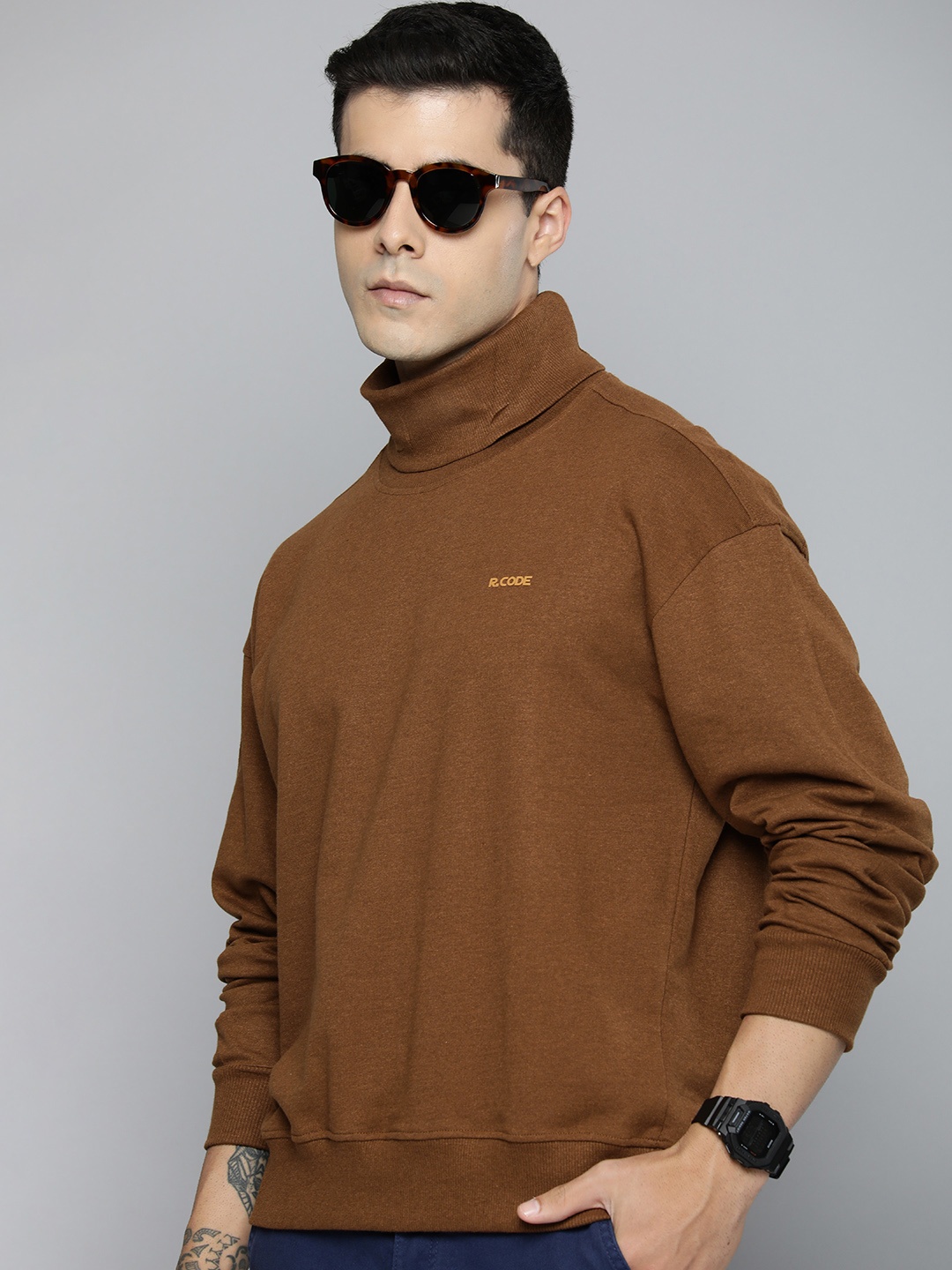 

R.Code by The Roadster Life Co. Men Turtle Neck Sweatshirt, Brown