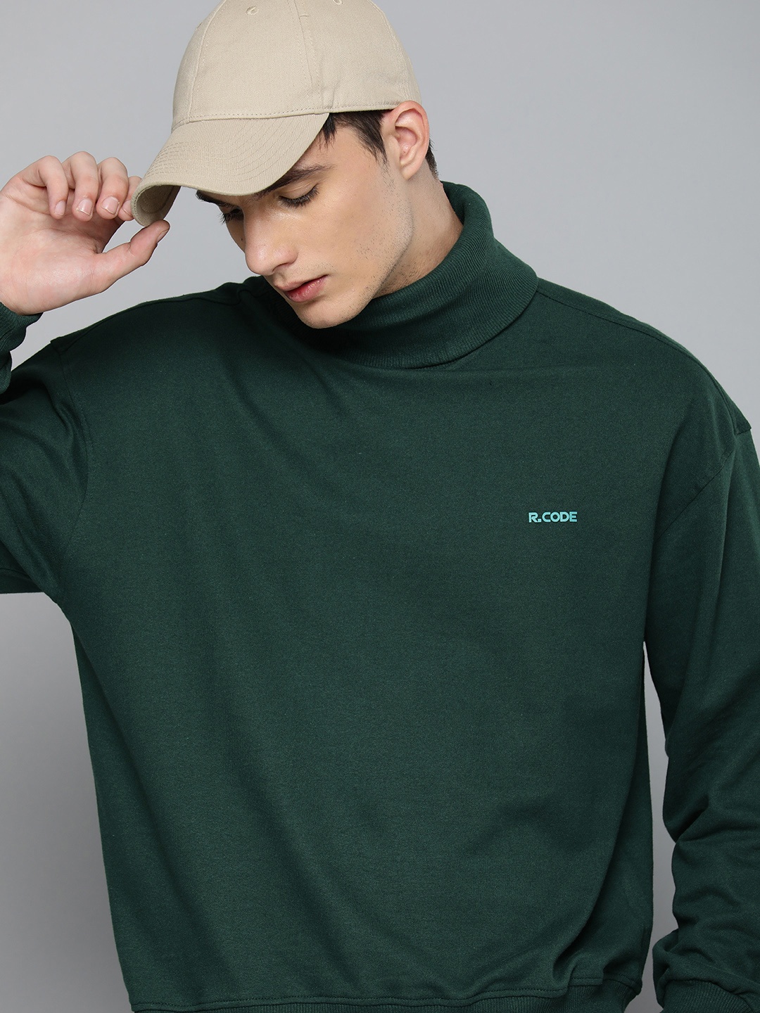 

R.Code by The Roadster Life Co. Men Turtle Neck Oversized Sweatshirt, Green