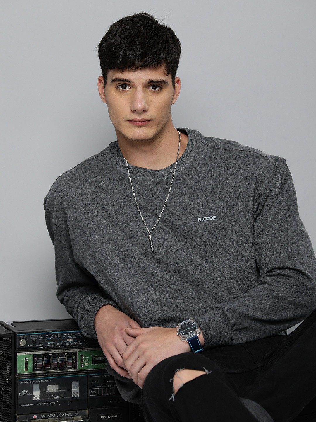 

R.Code by The Roadster Life Co. Men Solid Sweatshirt, Grey