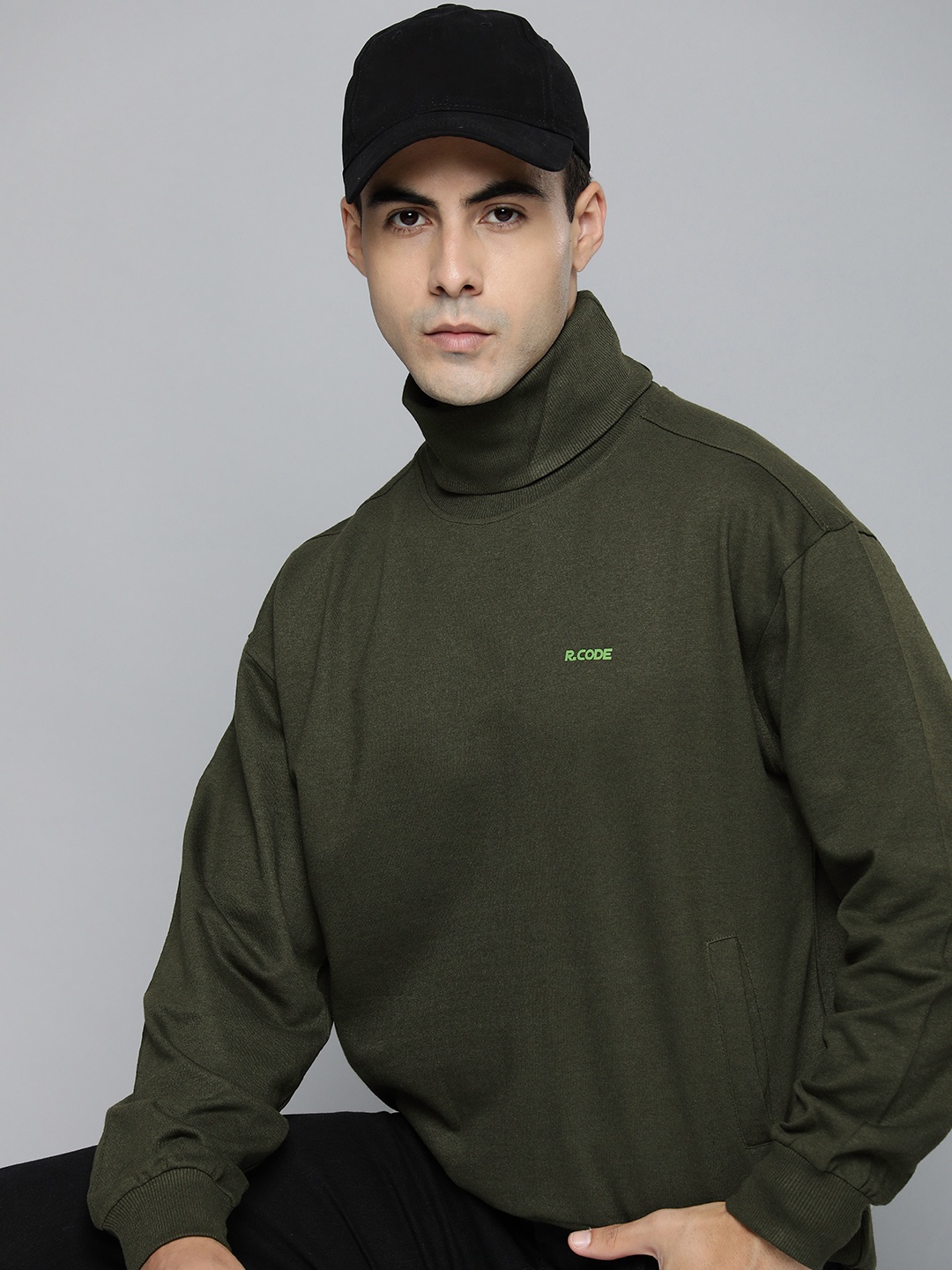 

R.Code by The Roadster Life Co. Men Turtle Neck Sweatshirt, Olive