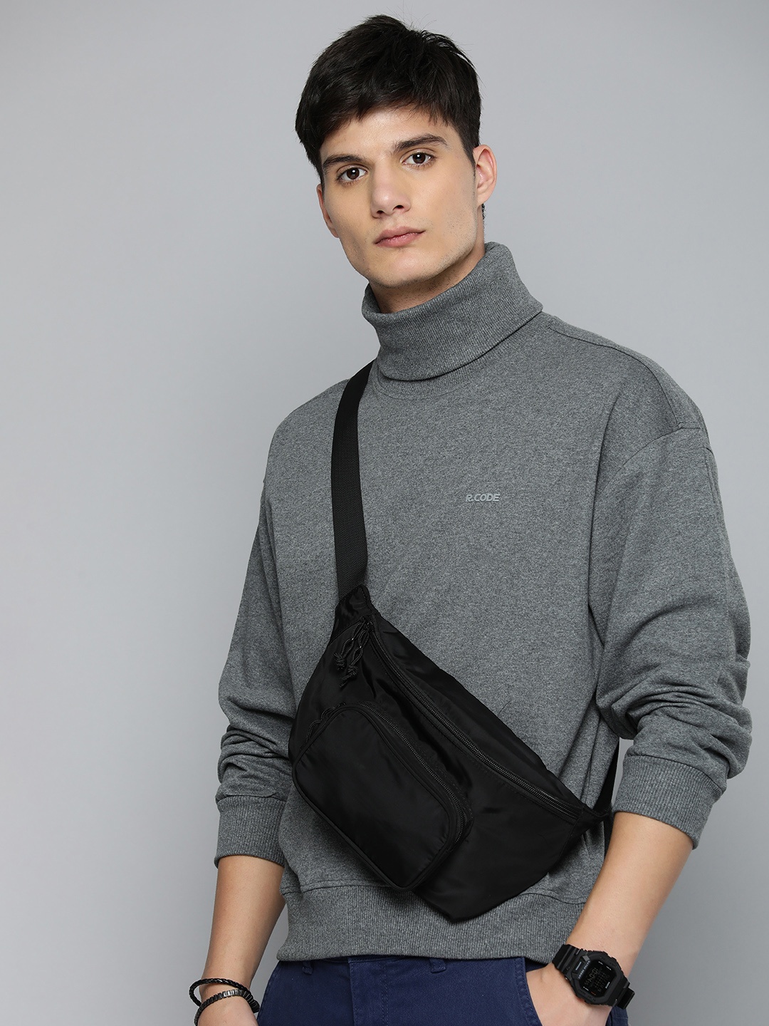 

R.Code by The Roadster Life Co. Men Turtle Neck Oversized Sweatshirt, Charcoal