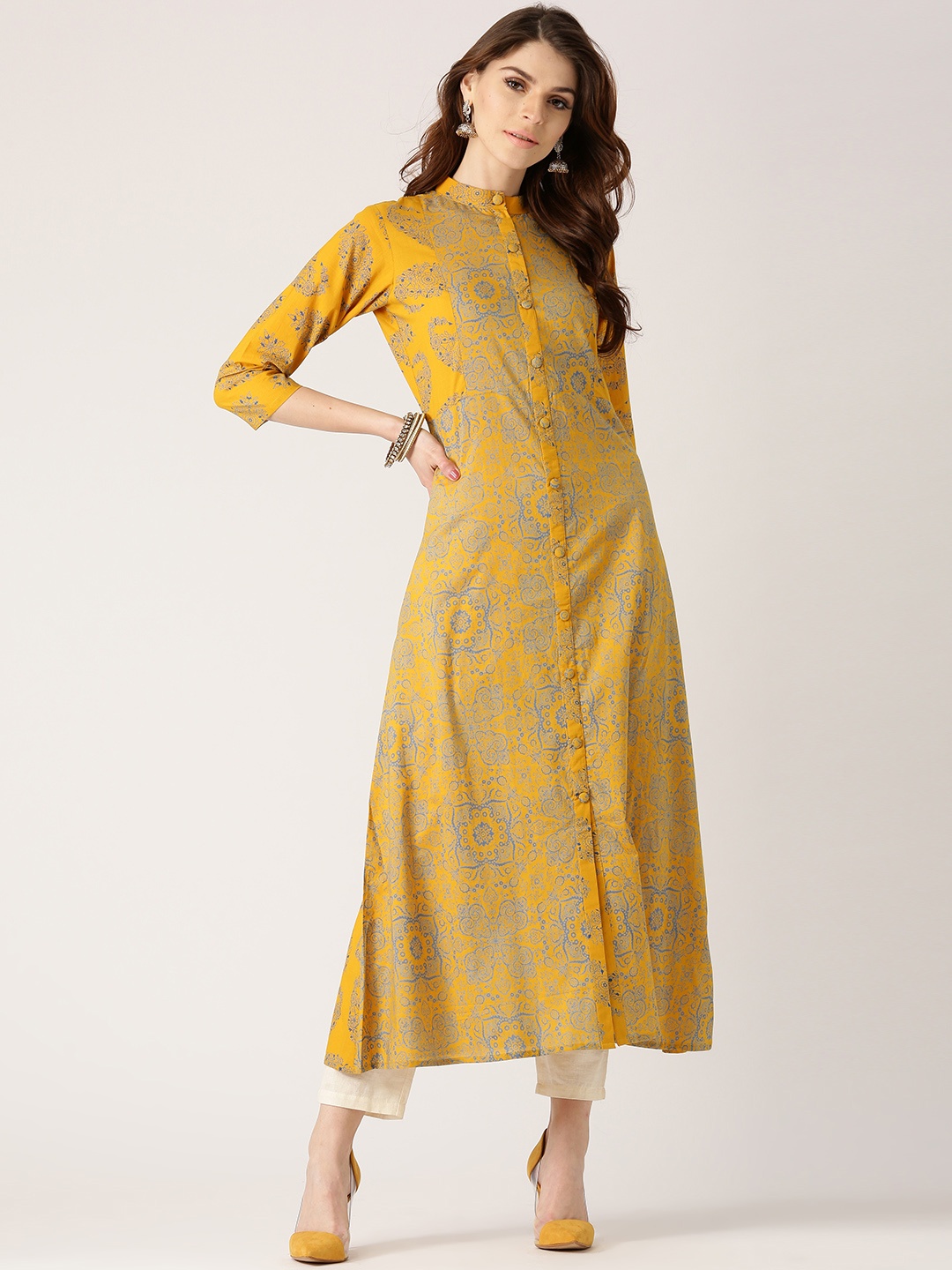 

Libas Women Mustard Yellow & Blue Printed A-Line Kurta