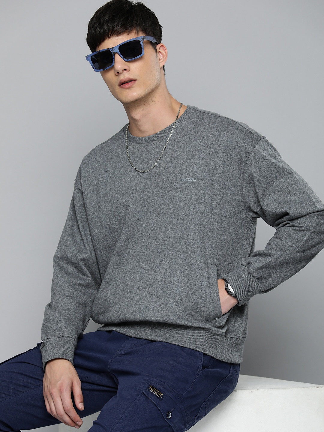 

R.Code by The Roadster Life Co. Men Oversized Sweatshirt, Grey melange
