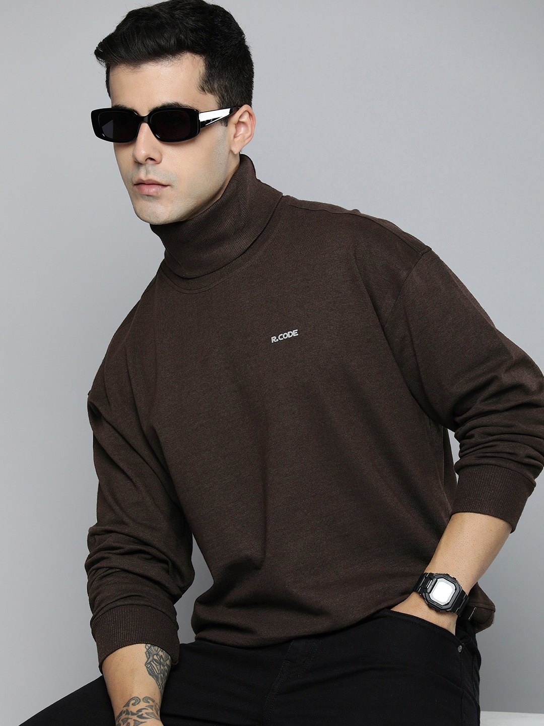 

R.Code by The Roadster Life Co. Men Turtle Neck Sweatshirt, Coffee brown