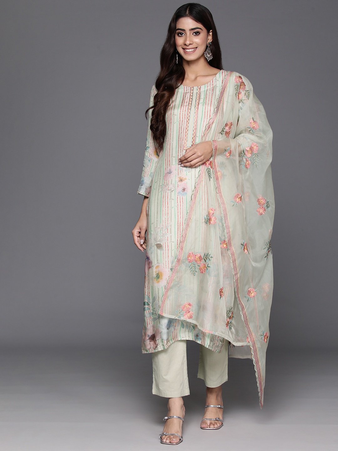 

Varanga Floral Printed Regular Thread Work Pure Silk Kurta with Trousers & Dupatta, Olive