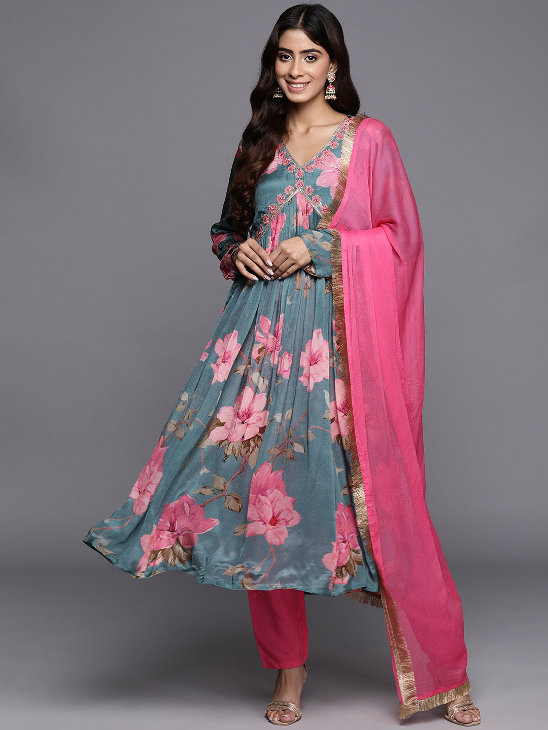 

Varanga Women Floral Print Empire Mirror Work Pure Silk Kurta with Trousers & Dupatta, Blue