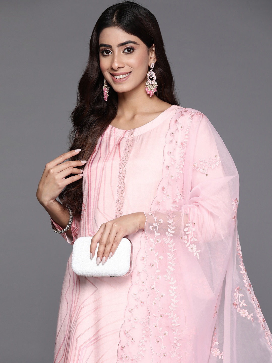 

Varanga Printed Regular Thread Work Pure Silk Kurta with Trousers & Dupatta, Pink