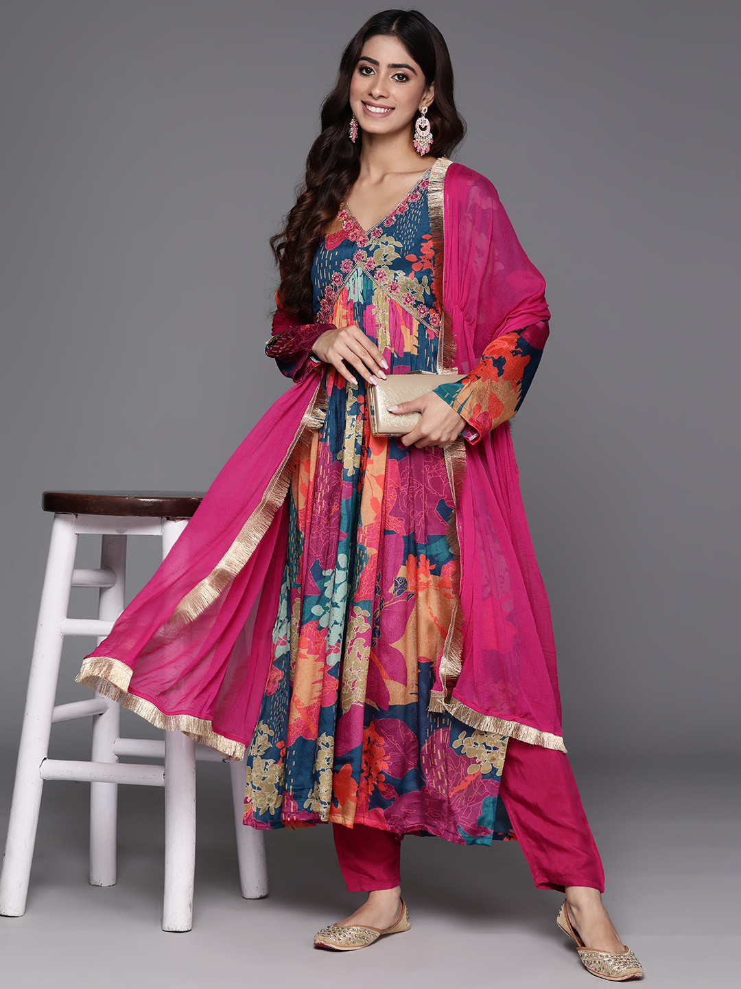 

Varanga Floral Printed Empire Sequinned Pure Silk Kurta with Trousers & Dupatta, Blue