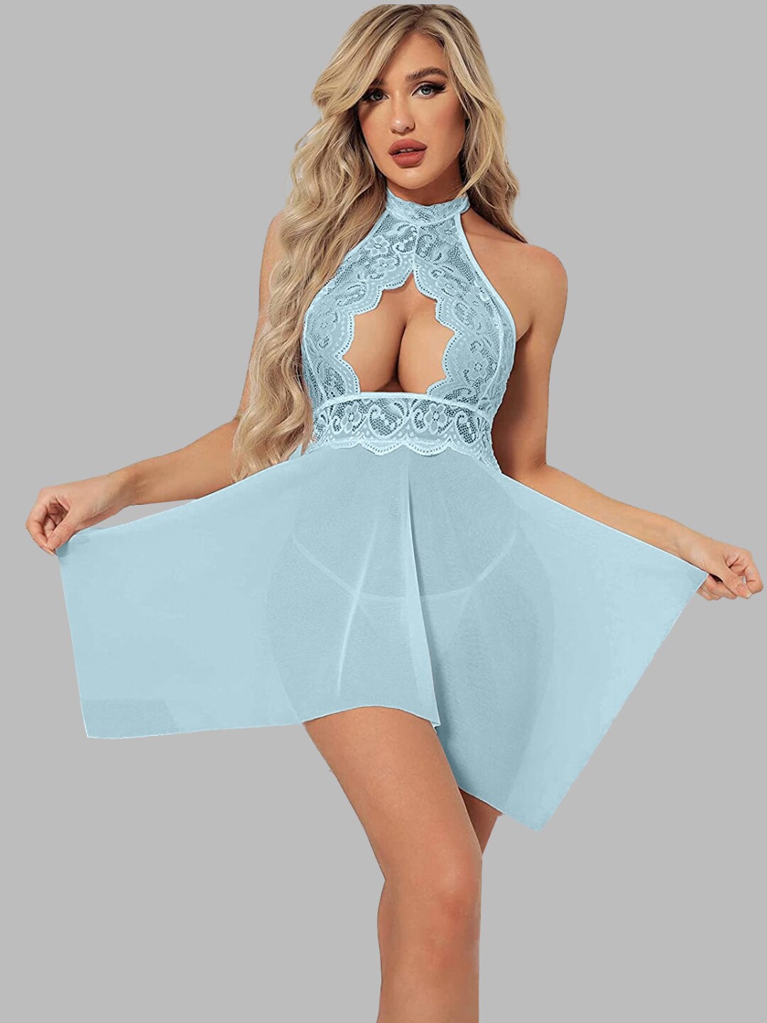 

VAGHBHATT Net Halter Neck Baby Doll, Blue