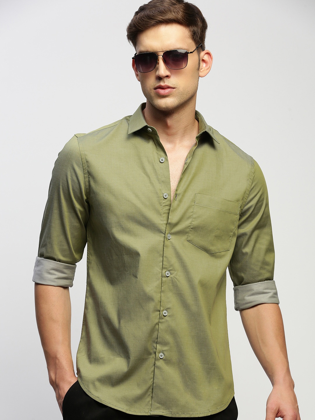 

SHOWOFF Smart Slim Fit Spread Collar Cotton Casual Shirt, Olive