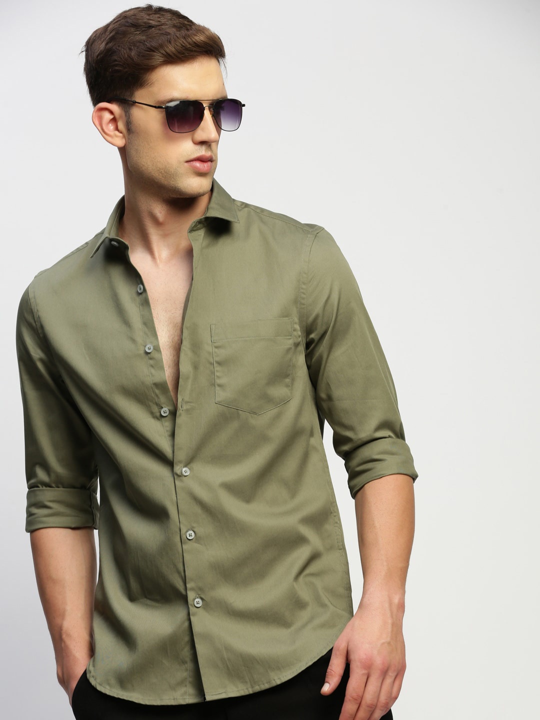 

SHOWOFF Smart Slim Fit Twill Cotton Casual Shirt, Olive