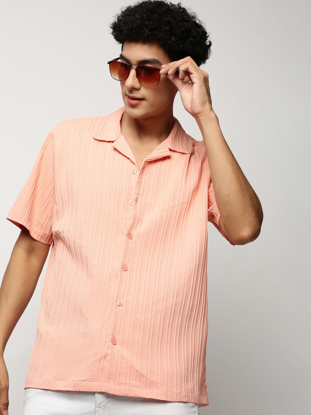 

SHOWOFF Premium Relaxed Fit Self Designed Cotton Casual Shirt, Peach