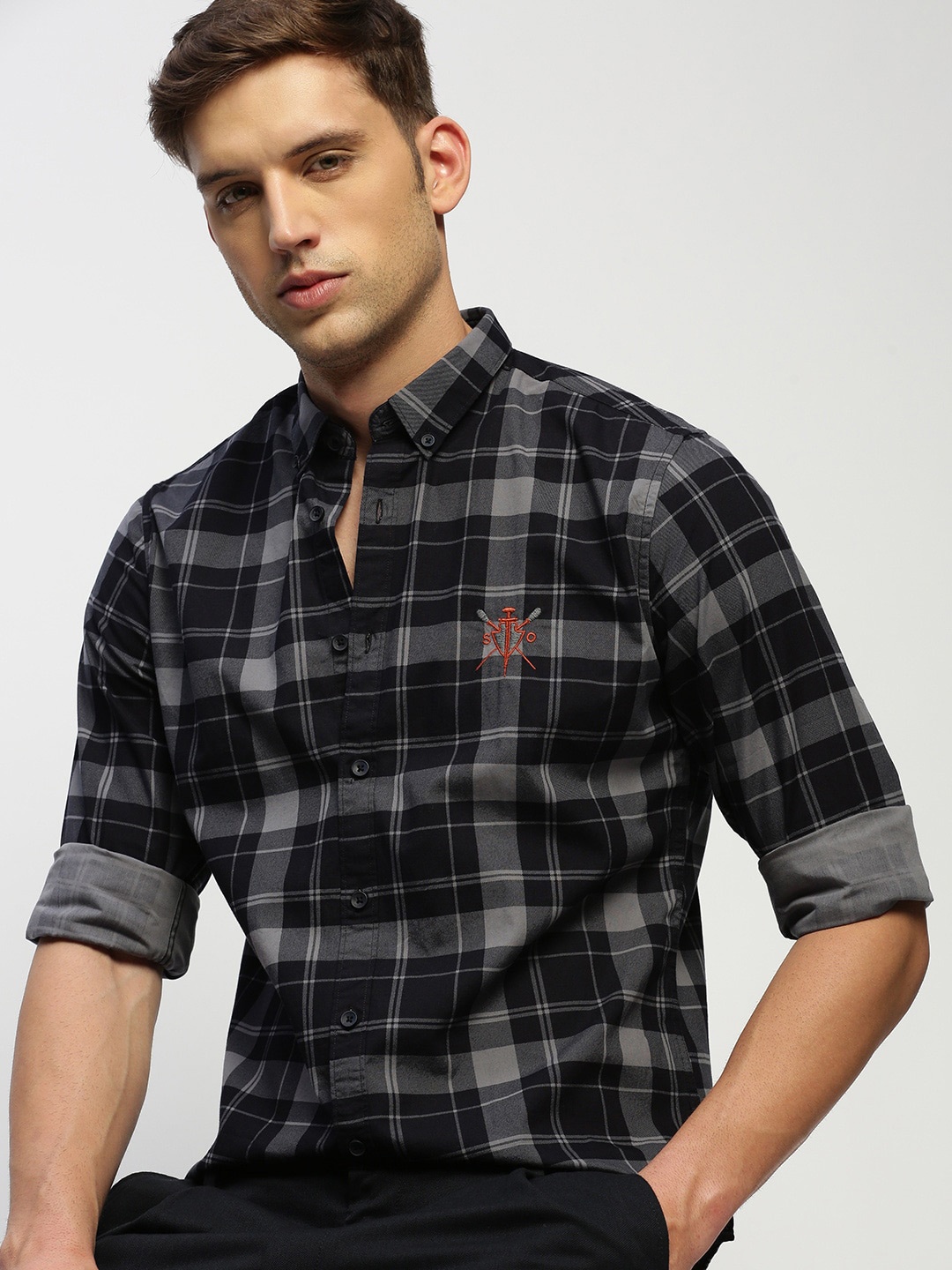 

SHOWOFF Standard Slim Fit Tartan Checked Button-Down Collar Oxford Cotton Casual Shirt, Grey